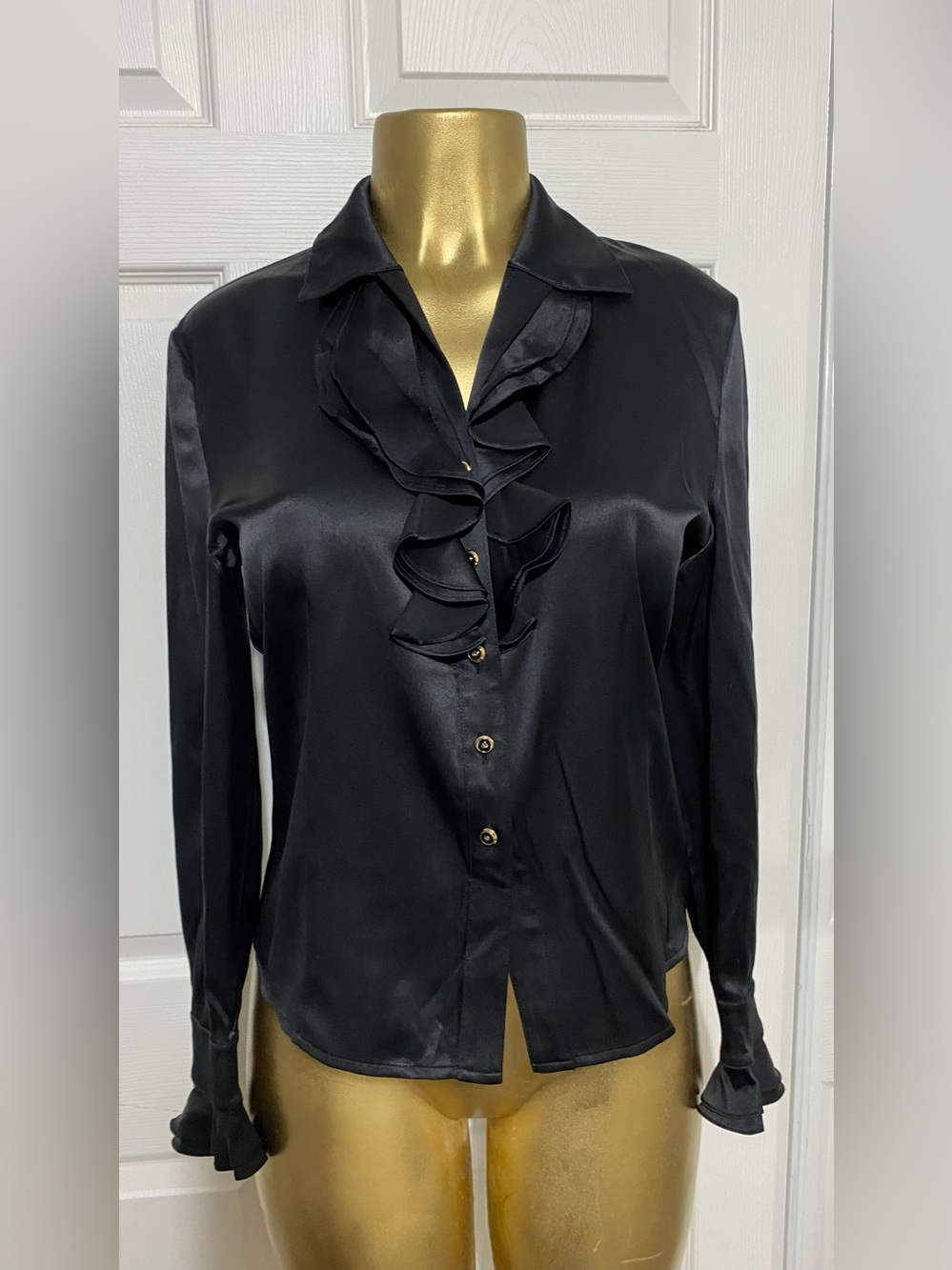 ‼️Silk St. John Black Satin Ruffle Button-Down Blouse